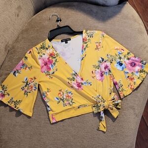 Moa MoaYellow Floral Wrap Blouse